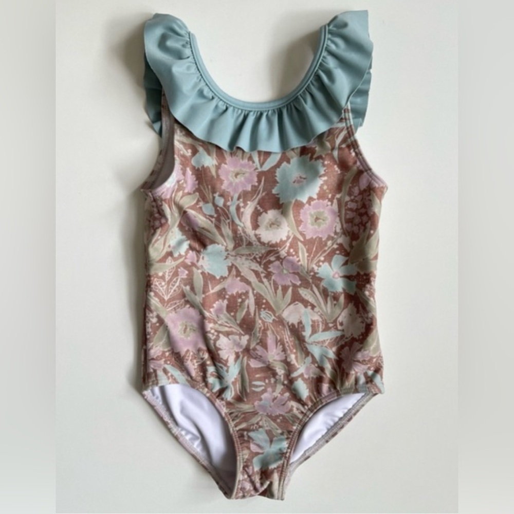 Girls Floral Ruffle One-Piece Swimsuit - Mint & Blush